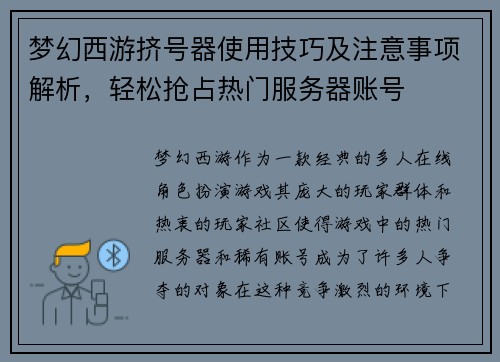 梦幻西游挤号器使用技巧及注意事项解析，轻松抢占热门服务器账号